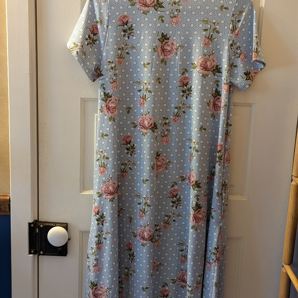 LuLaRoe size XS 'Ciara' print dress, blue and white background, w/pink flowers